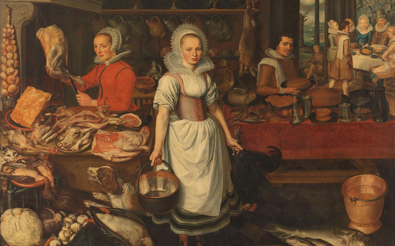 Keukeninterieur met de gelijkenis van de rijke man en de arme Lazarus. In een keuken bereiden twee keukenmeiden een feestmaal. Rechts op de achtergrond de rijke man met zijn gezin aan een banket, bij de deur zit Lazarus op de vloer. Het schilderij komt uit de periode 1610-1620. De kunstenaar is onbekend. 