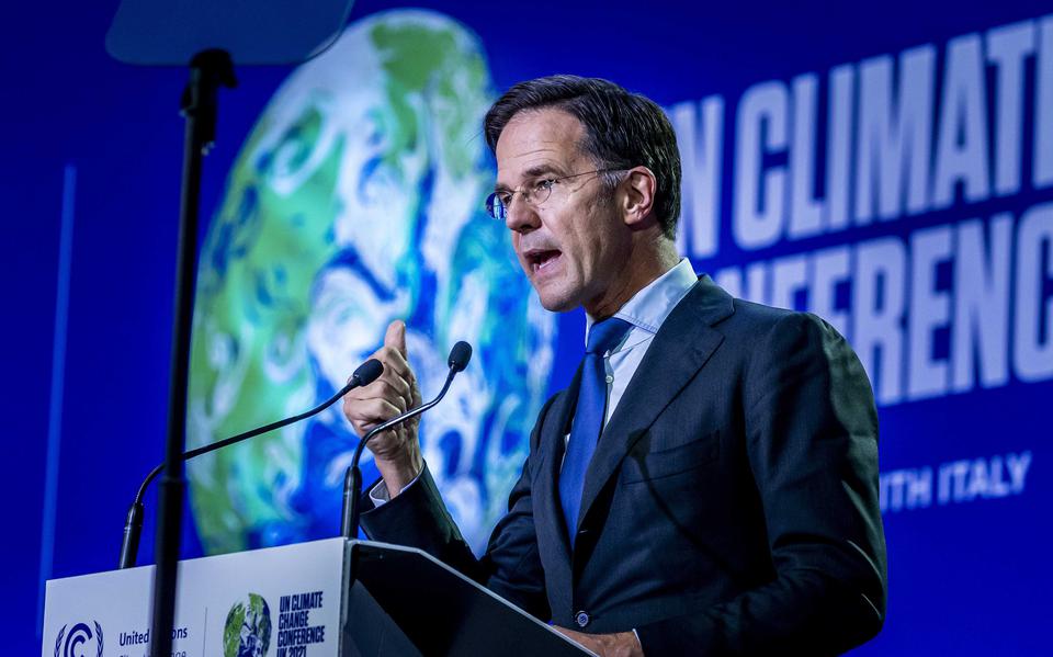 Demissionair premier Mark Rutte tijdens zijn toespraak tijdens de COP26, de Klimaatconferentie van de Verenigde Naties in het Schotse Glasgow. 'We deden te weinig, maar we dichten het gat', zei hij.