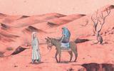 Een man en een vrouw op een ezel op weg naar Betlehem.