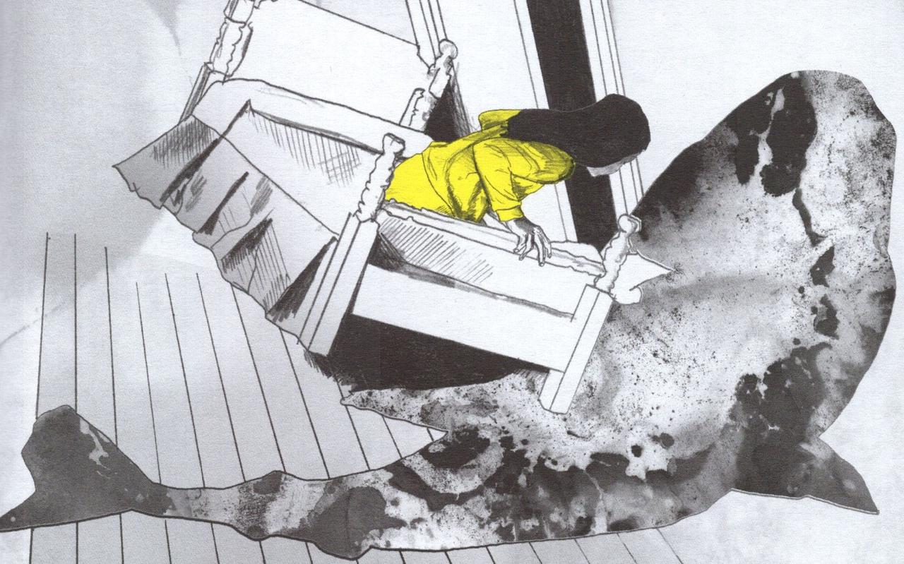 De grijszwarte illustraties met details in fel geel vormen een eenheid met het verhaal.