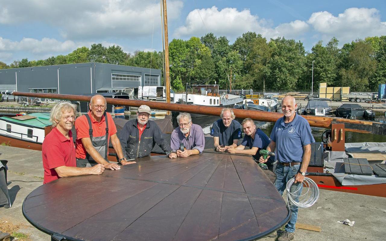 De vrijwilligers van het Skûtsjemuseum in Earnewâld restaureren eigenhandig het 100 jaar oude skûtsje de Risico, met geheel links technische kenner Sietse Bruinsma en rechts museumoprichter Age Veldboom. De vrijwilligers van het Skûtsjemuseum in Earnewâld restaureren eigenhandig het 100 jaar oude skûtsje de Risico, met geheel links technische kenner Sietse Bruinsma en rechts museumoprichter Age Veldboom.