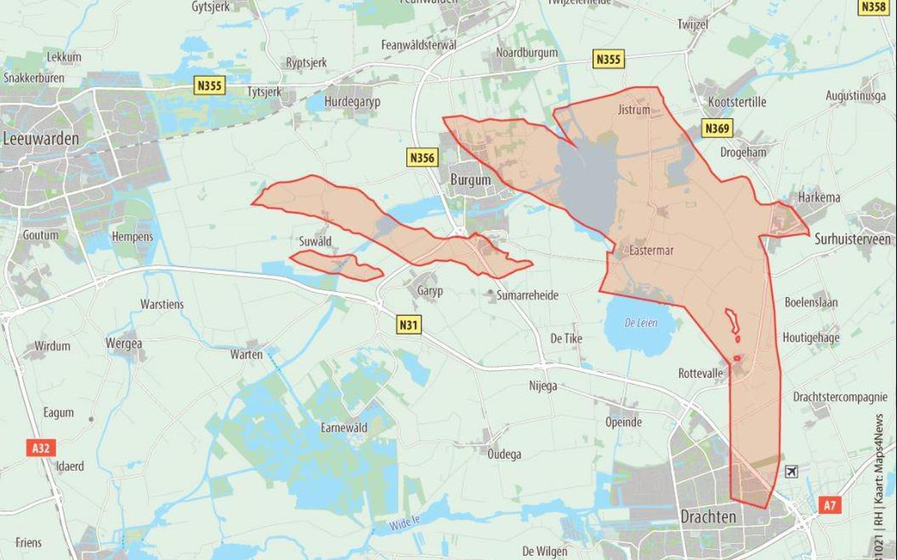 Kaart van Fryslân met de gaswinvelden tussen Burgum en Drachten. Het veld Tietsjerk
