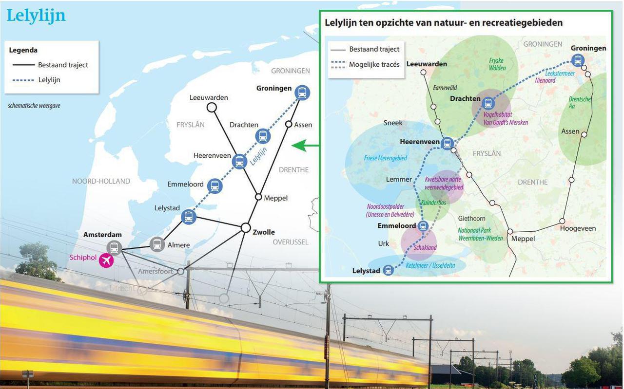 De beoogde Lelylijn ingetekend op de kaart van Noord-Nederland.