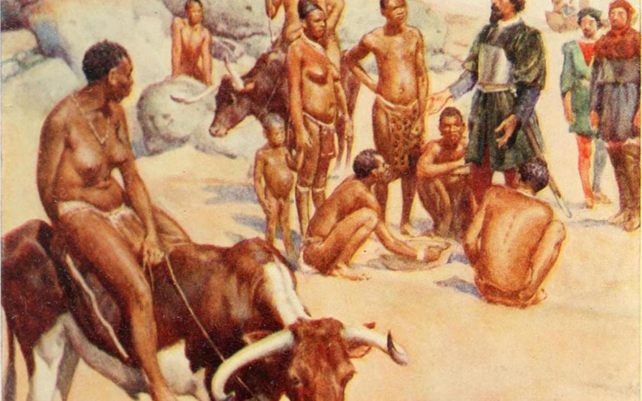 Portugese kolonisten ontmoeten de Khoisan-bevoking in Zuid-Afrika.